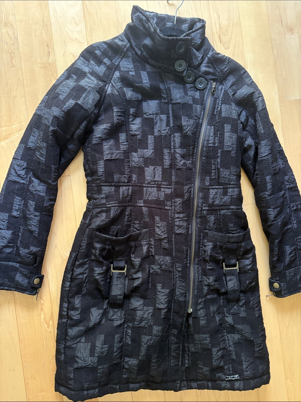 Desigual Black Textured Asymmetric Zip Coat with Buckle Pockets Medium,38